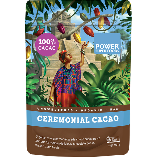 Power Super Foods Cacao Ceremonial Paste Buttons – 100g, front of pack
