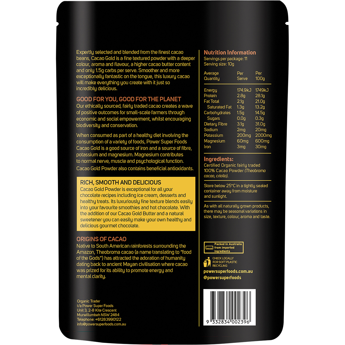 Power Super Foods Cacao GOLD Powder – 110g, back of pack