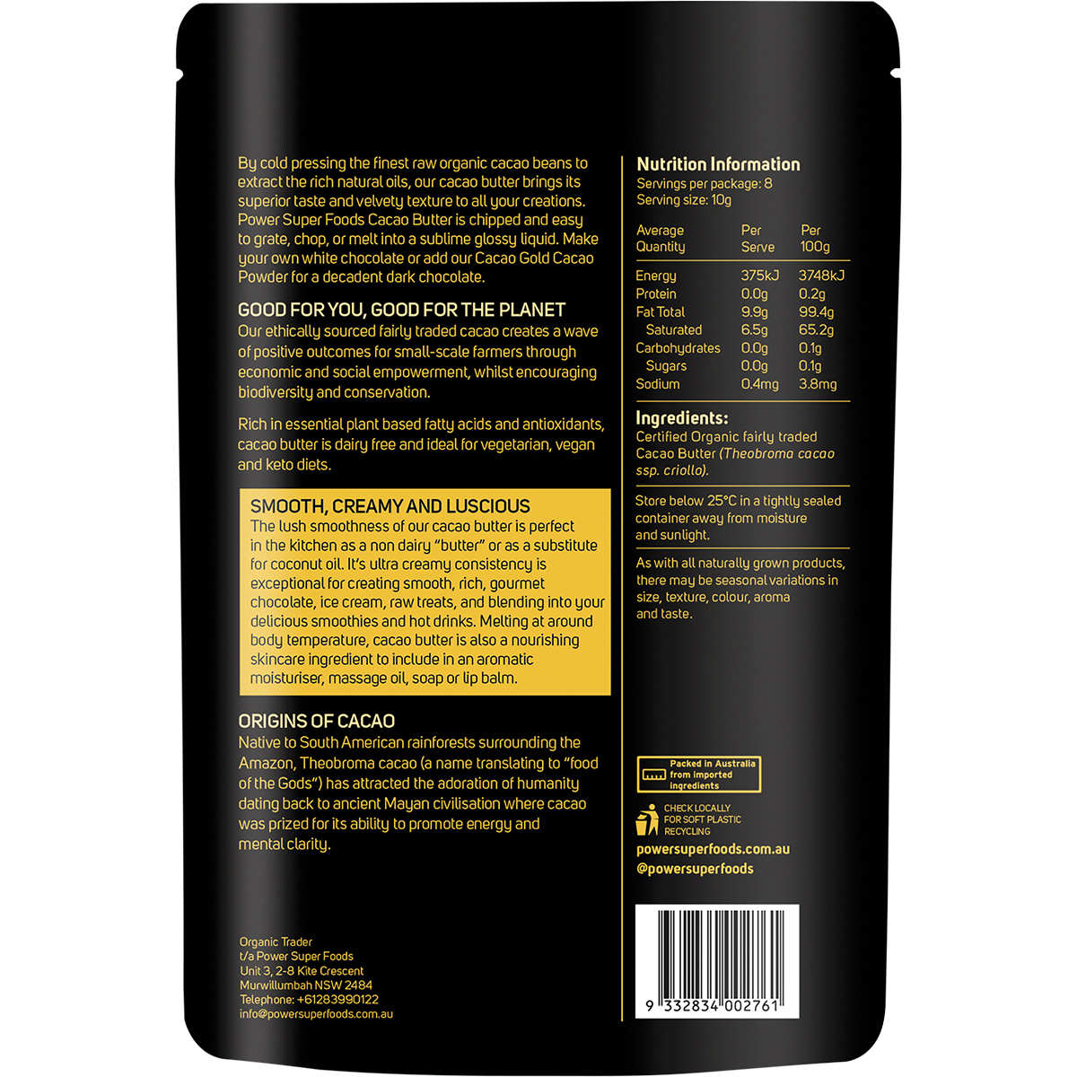 Power Super Foods Cacao GOLD Butter Chunks – 80g, back of pack