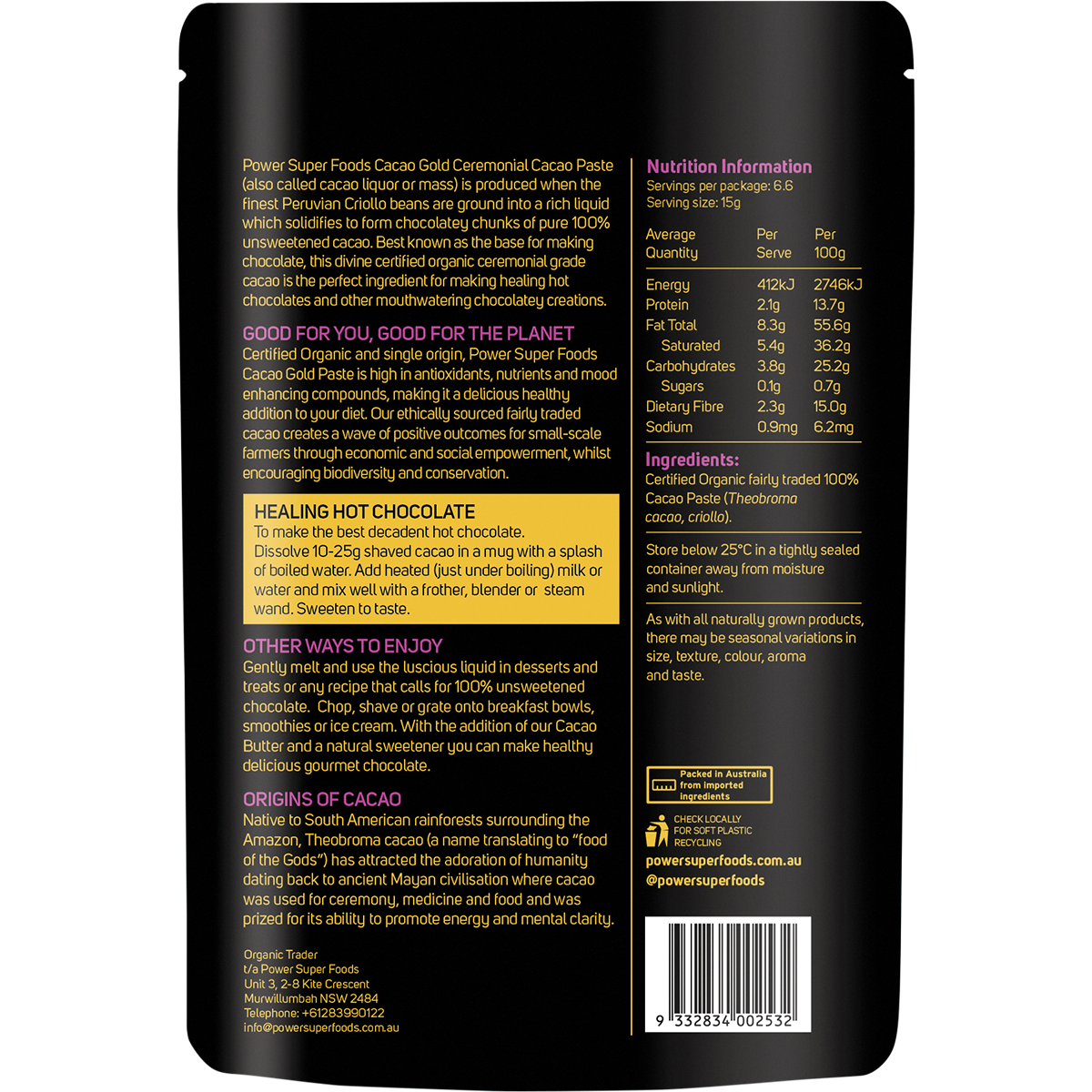 Power Super Foods Cacao GOLD Ceremonial Paste Chunks – 100g, back of pack