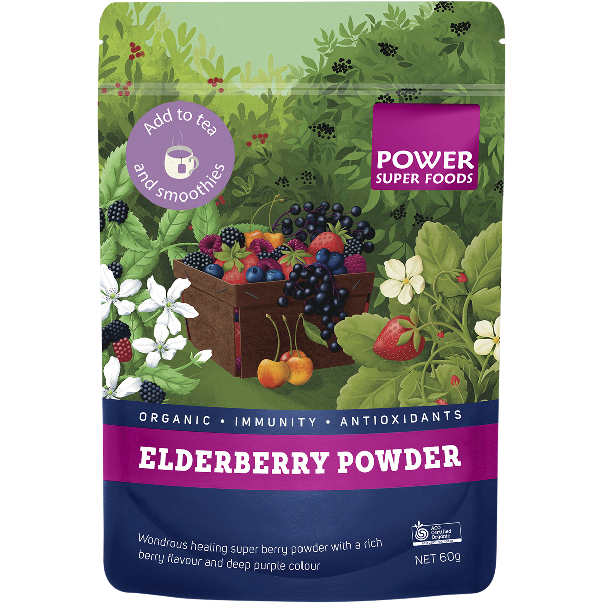 Power Super Foods Organic Elderberry Powder – 60g, front of pack