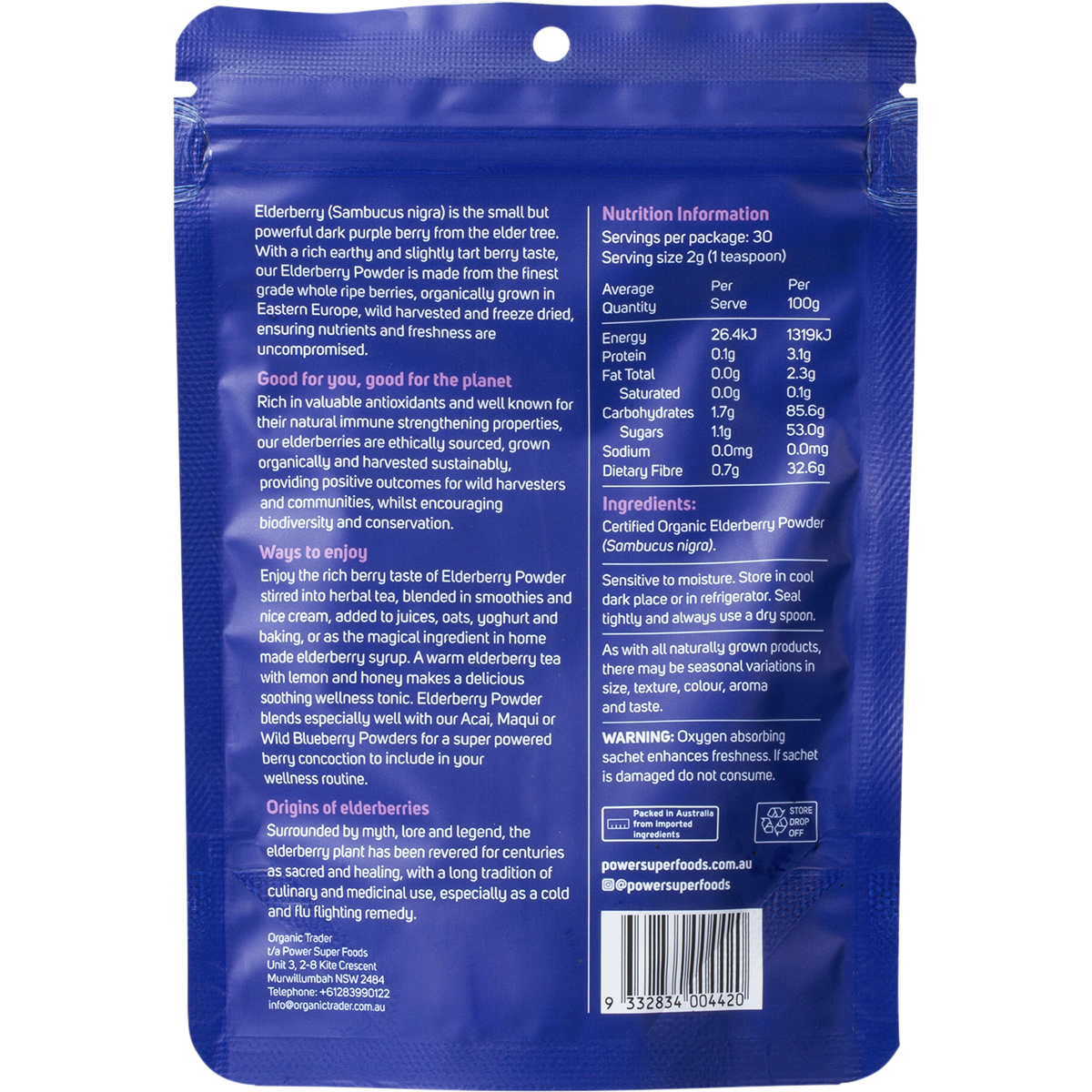 Power Super Foods Organic Elderberry Powder – 60g, back of pack