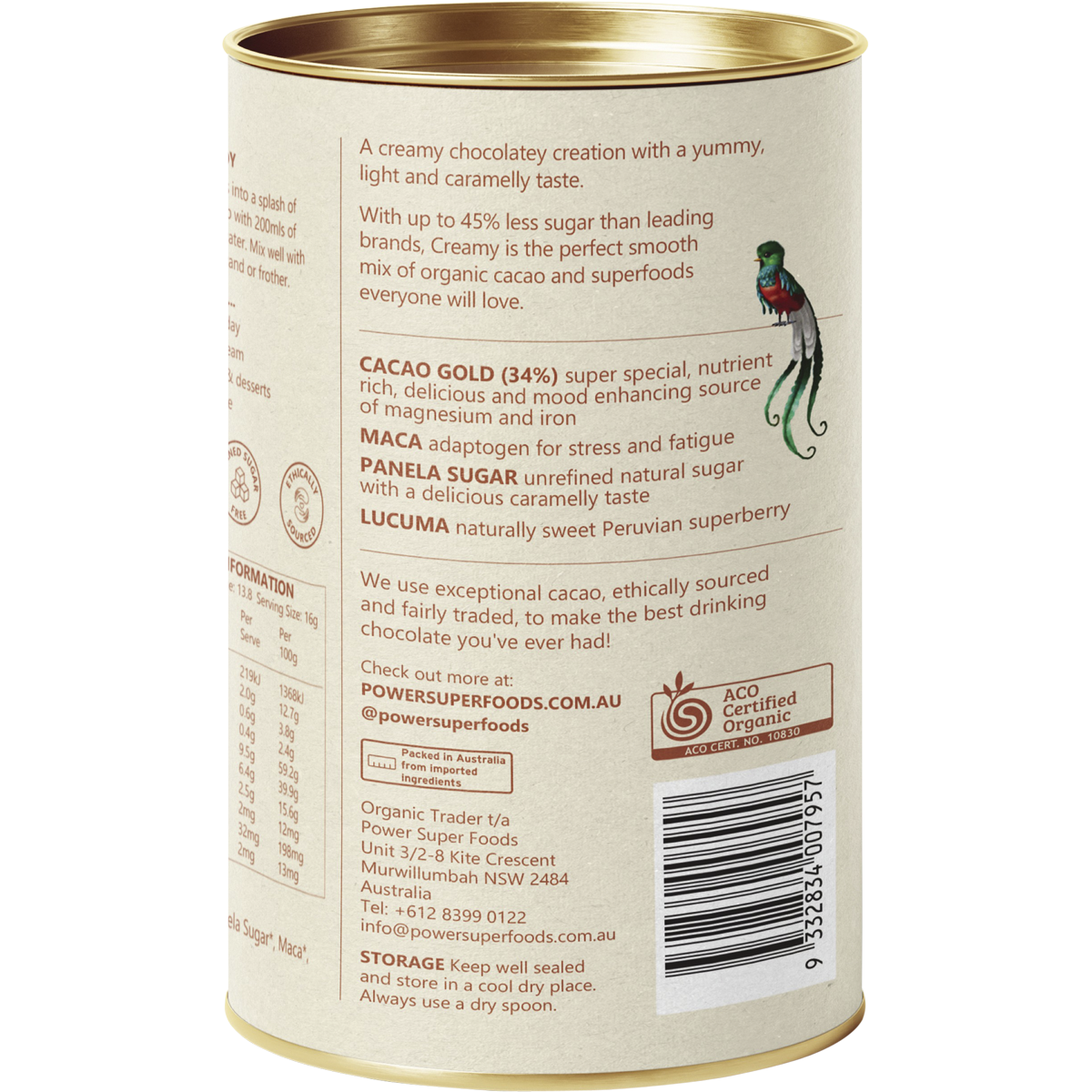 Power Super Foods Creamy Drinking Chocolate – 220g, back of pack