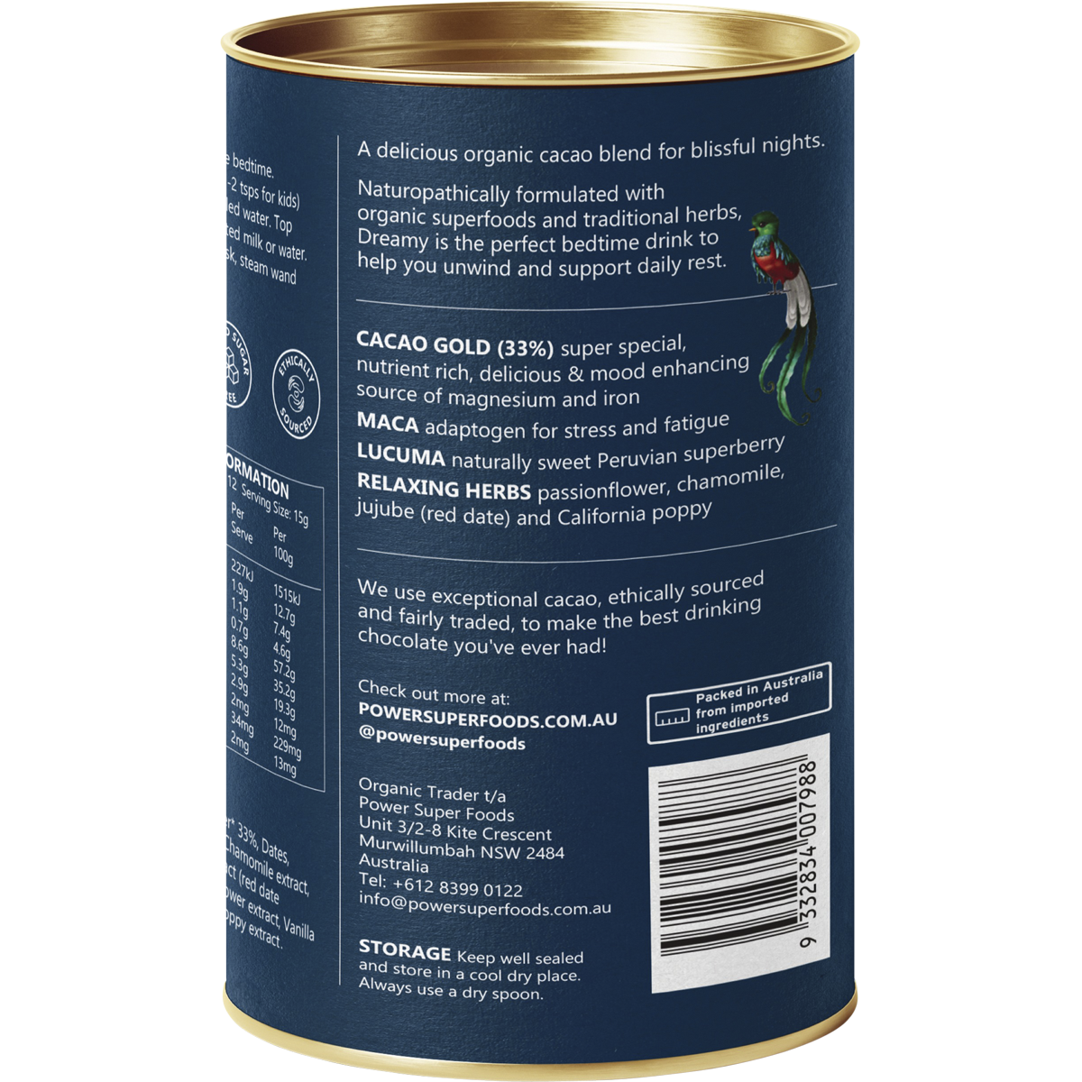 Power Super Foods Dreamy Night Drinking Chocolate – 180g, back of pack