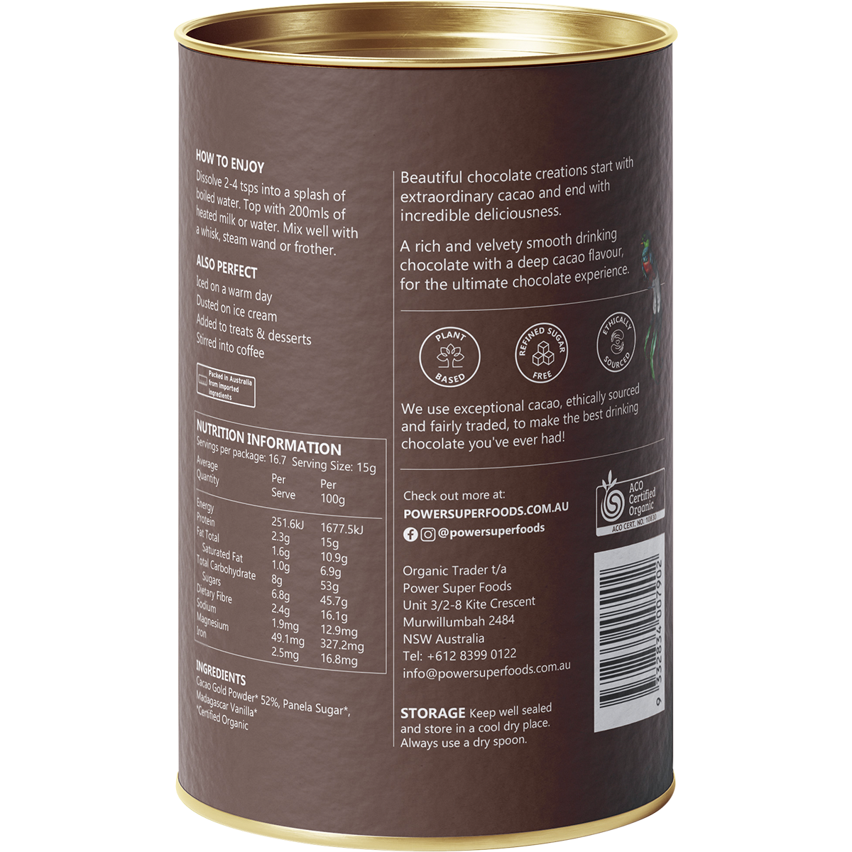Power Super Foods Dark Drinking Chocolate – 250g, back of pack