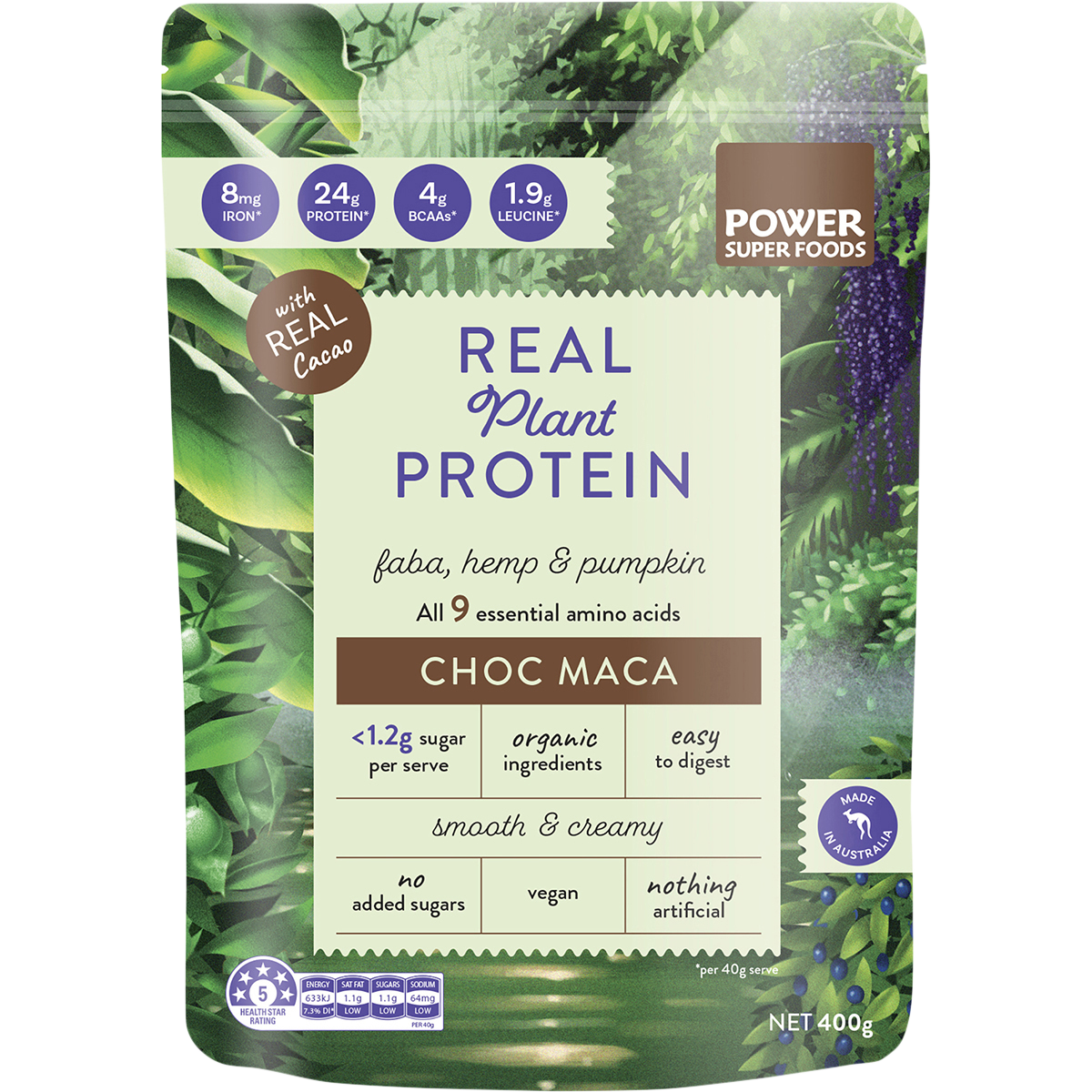 Power Super Foods Real Plant Protein Choc Maca – 400g, front of pack