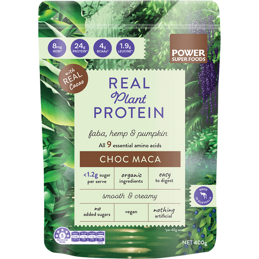 Power Super Foods Real Plant Protein Choc Maca – 400g, front of pack