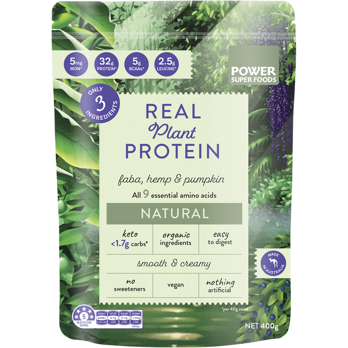 Power Super Foods Real Plant Protein Natural – 400g, front of pack