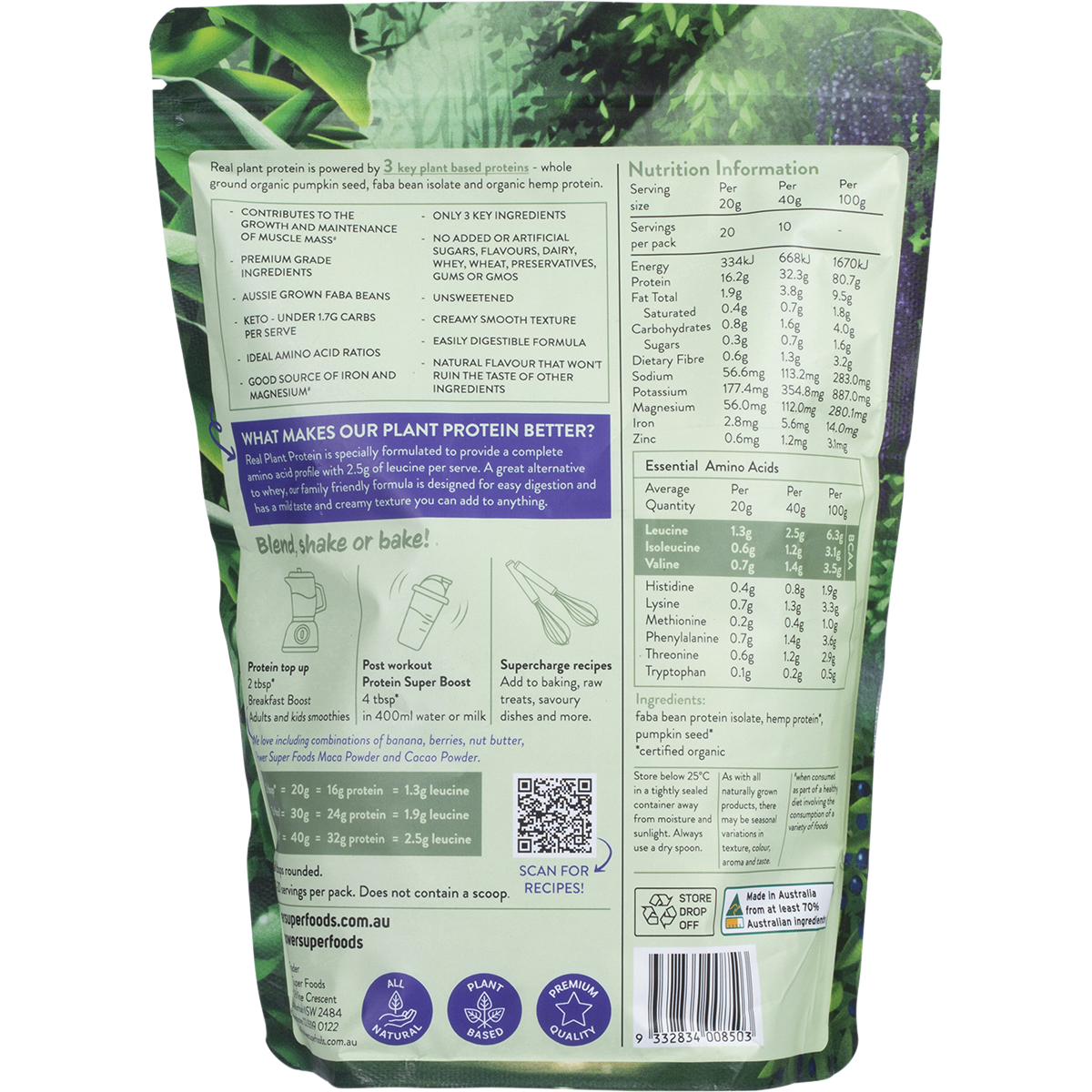Power Super Foods Real Plant Protein Natural – 400g, back of pack
