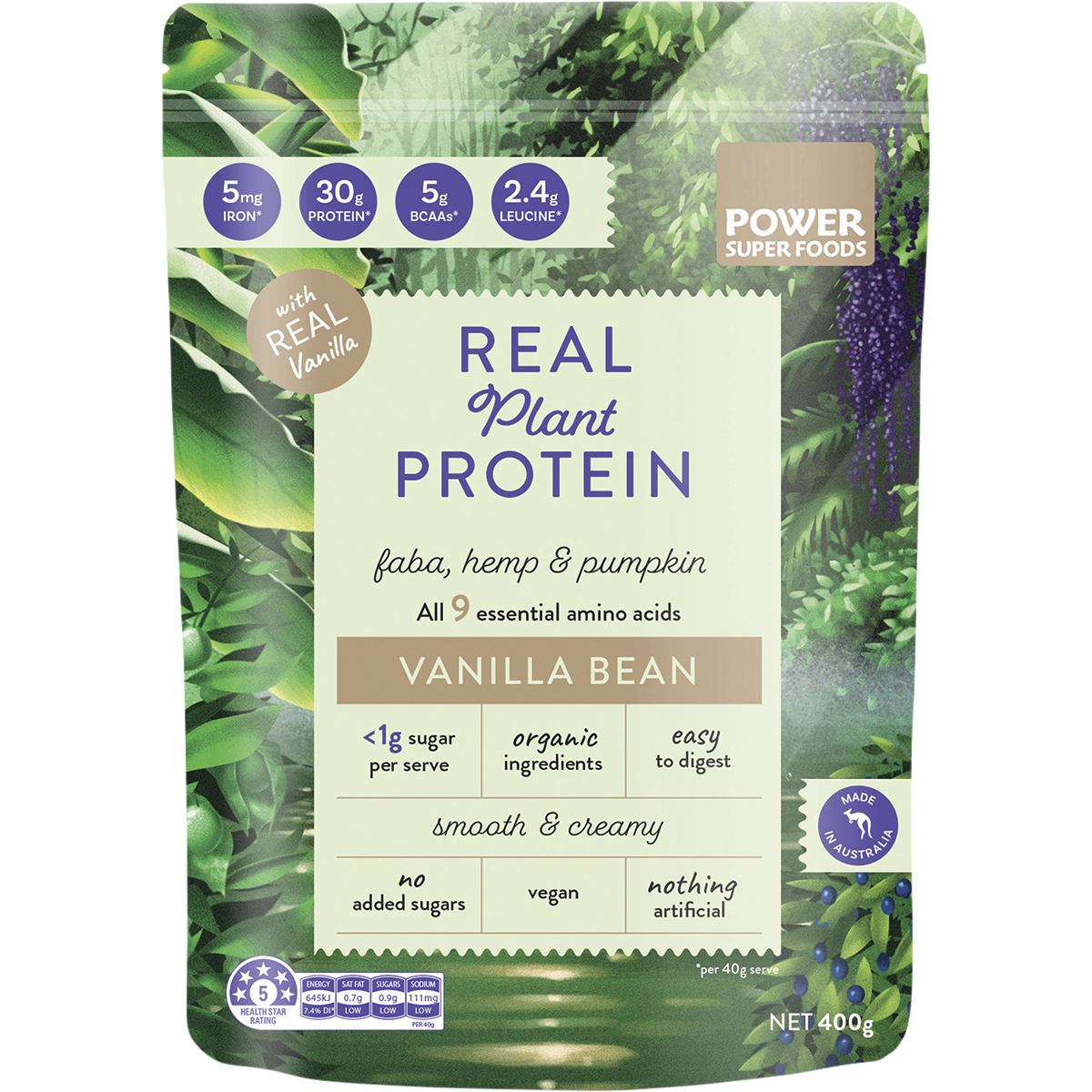 Power Super Foods Real Plant Protein Vanilla Bean – 400g, front of pack