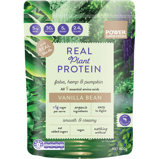Power Super Foods Real Plant Protein Vanilla Bean – 400g, front of pack