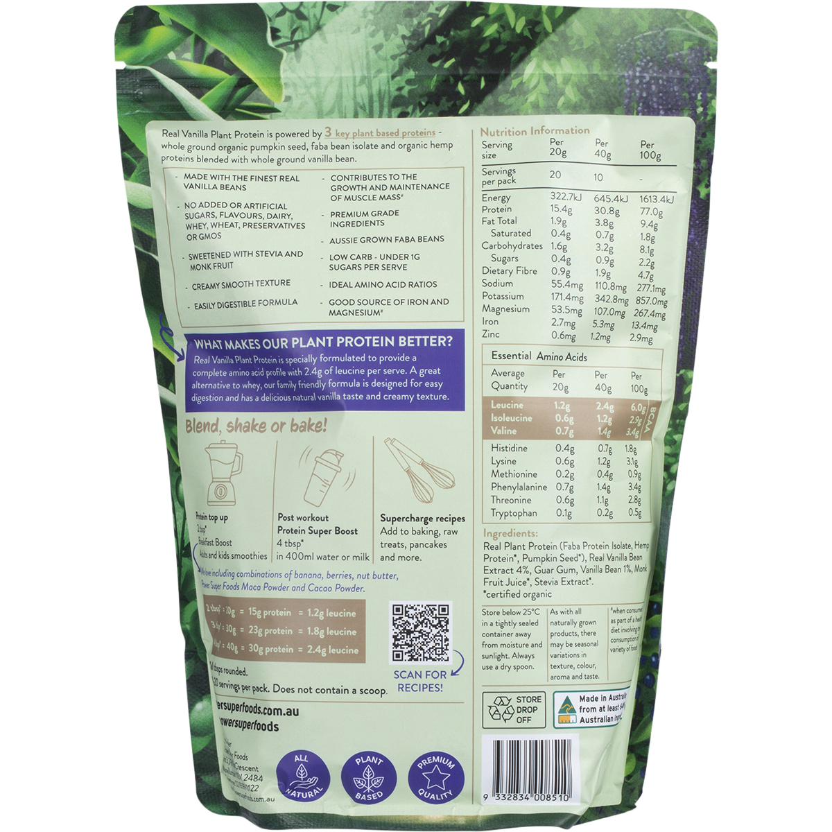Power Super Foods Real Plant Protein Vanilla Bean – 400g, back of pack