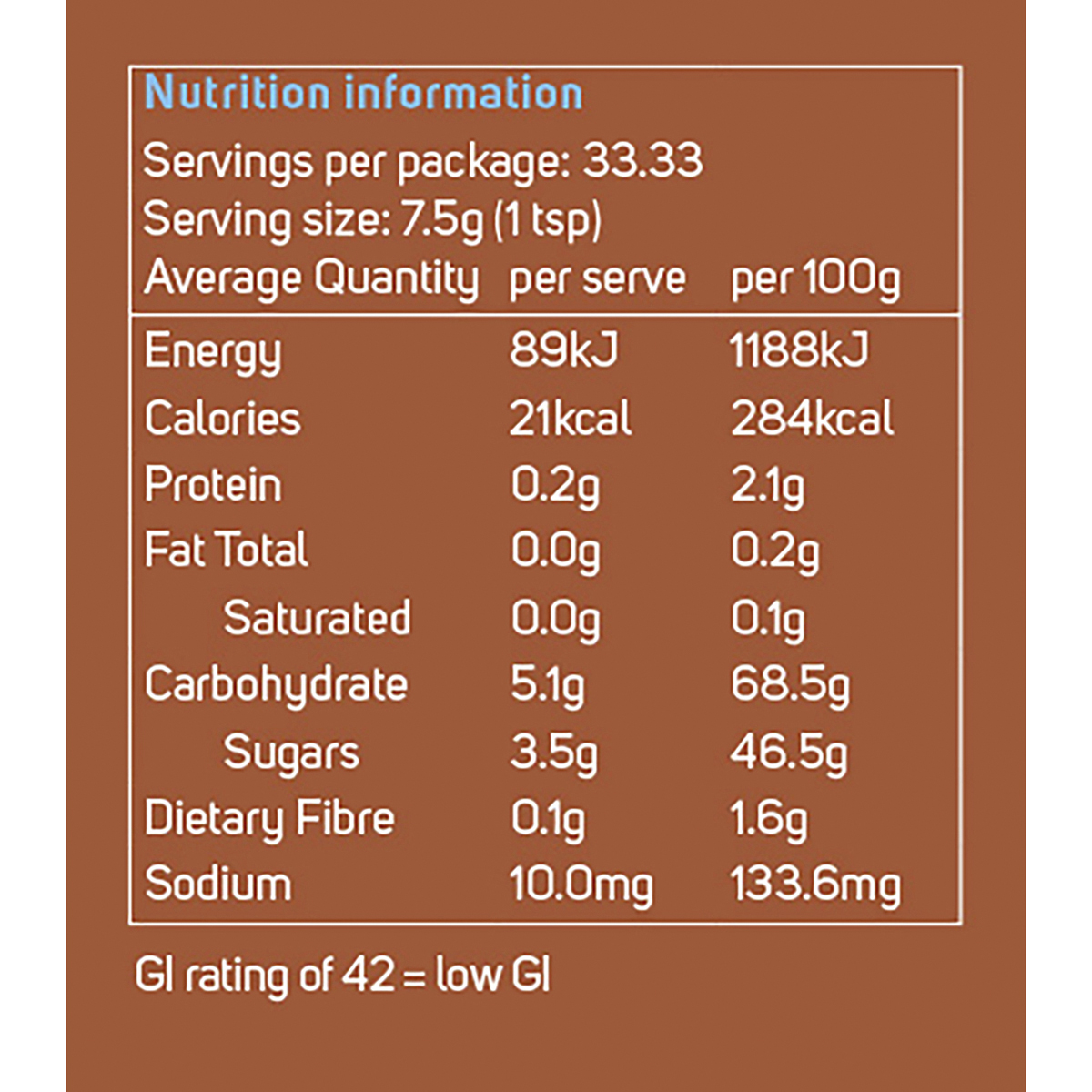 Power Super Foods Organic Yacon Syrup – 250g, nutrition information panel