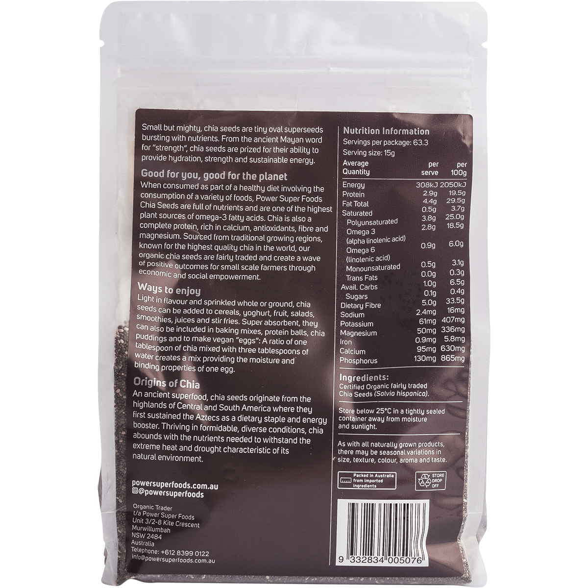 Power Super Foods Organic Chia Seeds – 950g, back of pack
