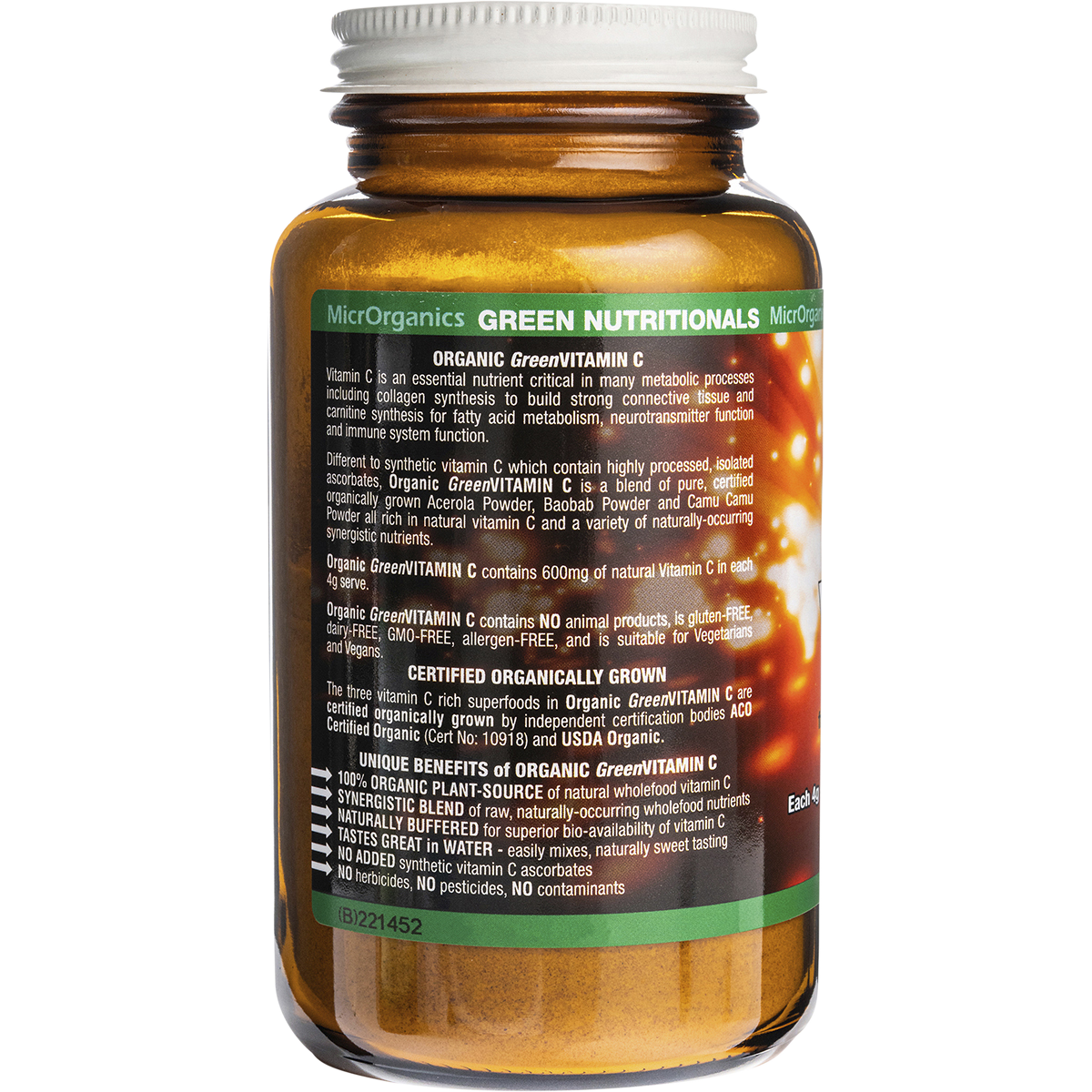 Green Nutritionals Organic Green Vitamin C Powder – 100g, pack detail