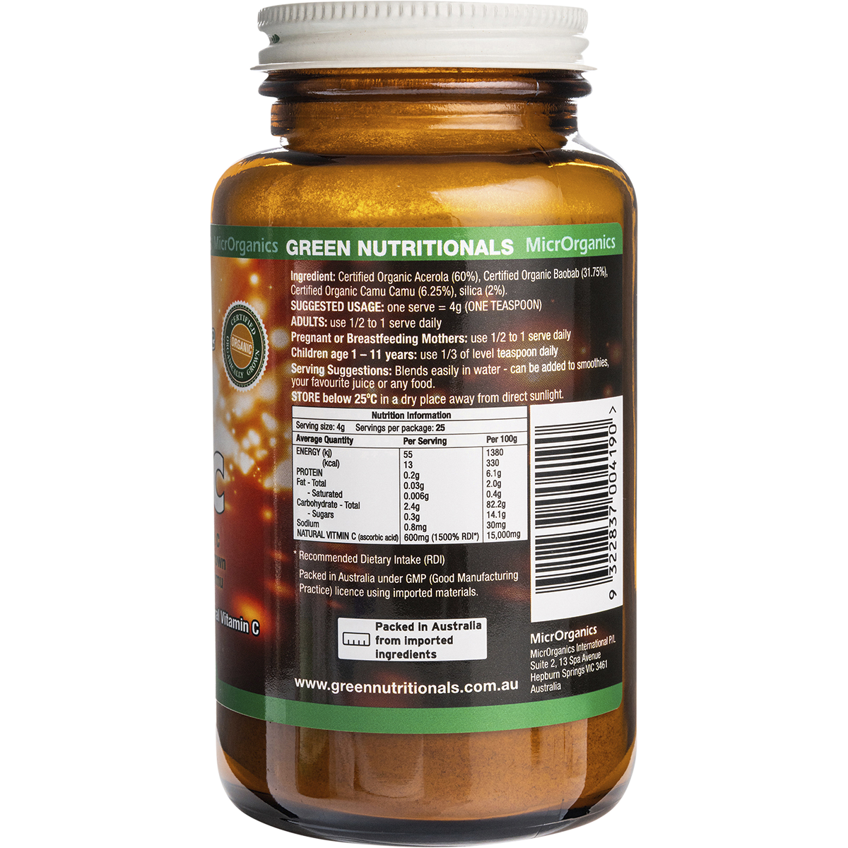 Green Nutritionals Organic Green Vitamin C Powder – 100g, pack detail