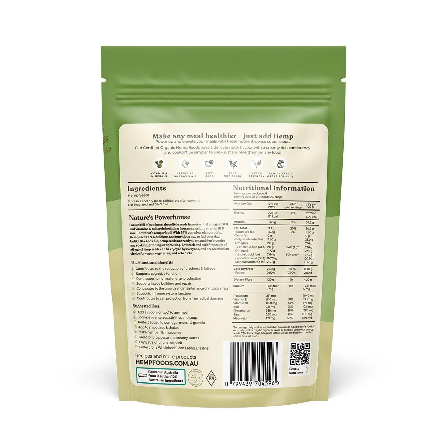 Organic Hulled Hemp Seeds 114g pack, back label