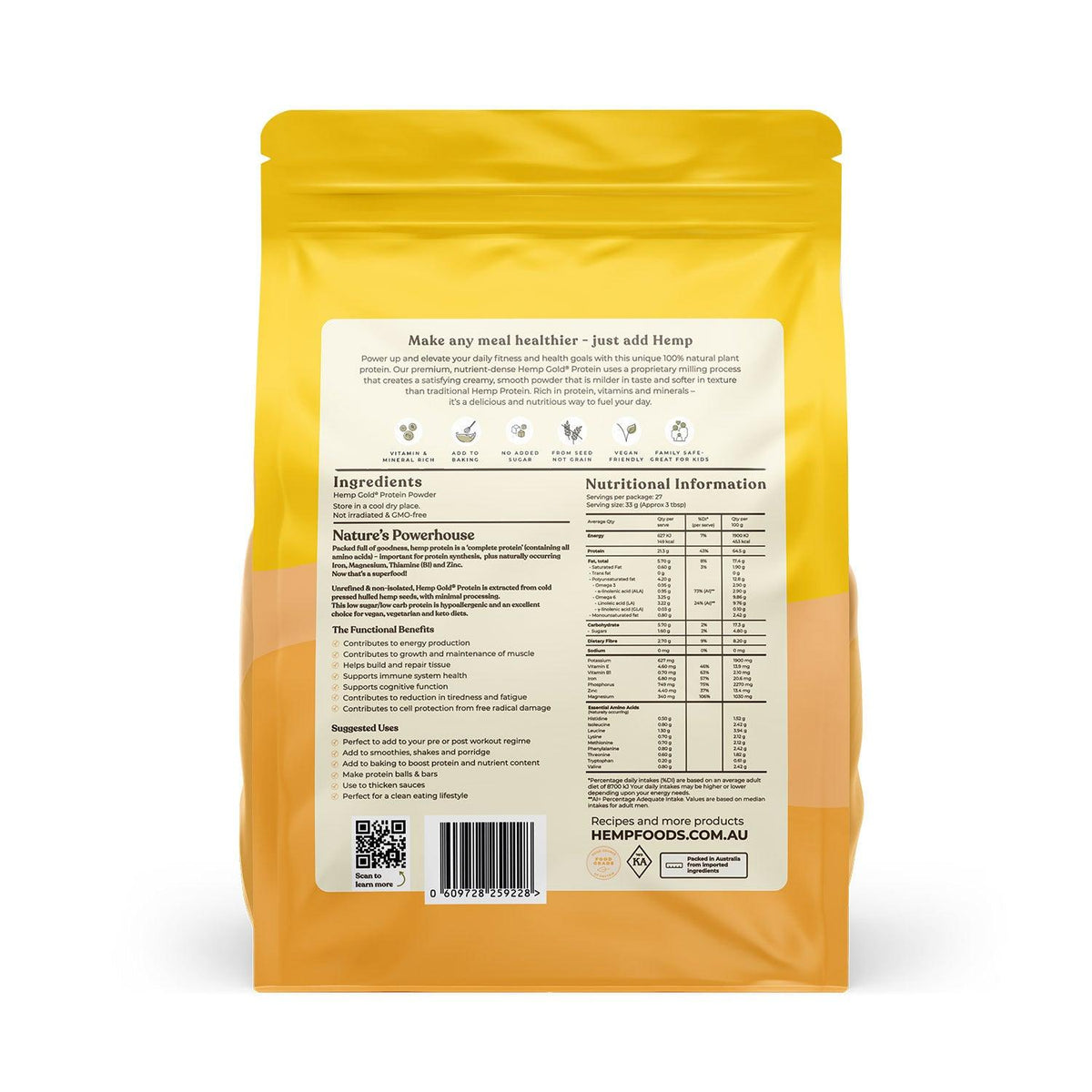 Organic Hemp Gold Protein Powder 900g pouch, back label