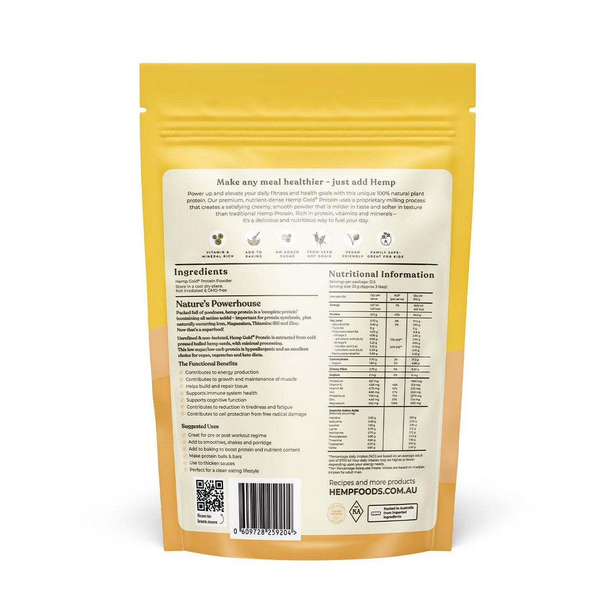 Organic Hemp Gold Protein Powder 450g pouch, back label