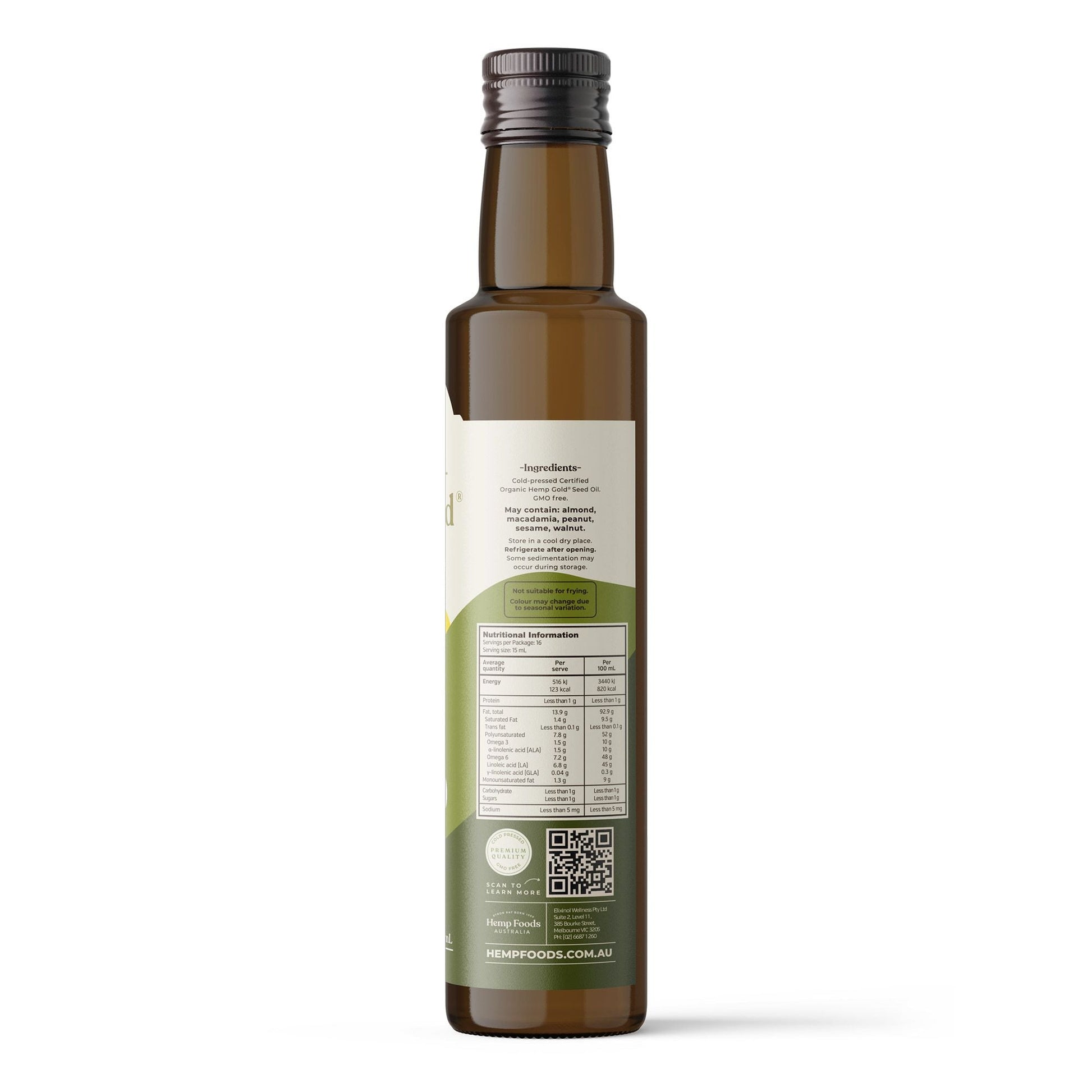 Hemp Foods Australia Organic Hemp Gold Seed Oil – 250ml, back label
