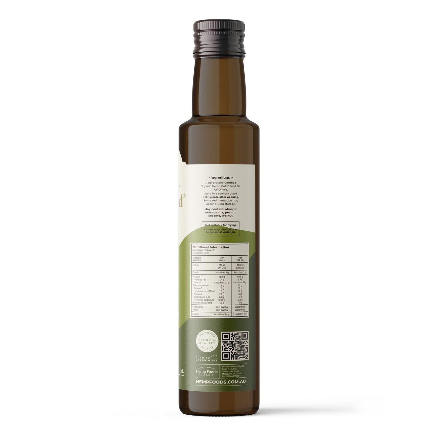 Hemp Foods Australia Organic Hemp Gold Seed Oil – 500ml, back label