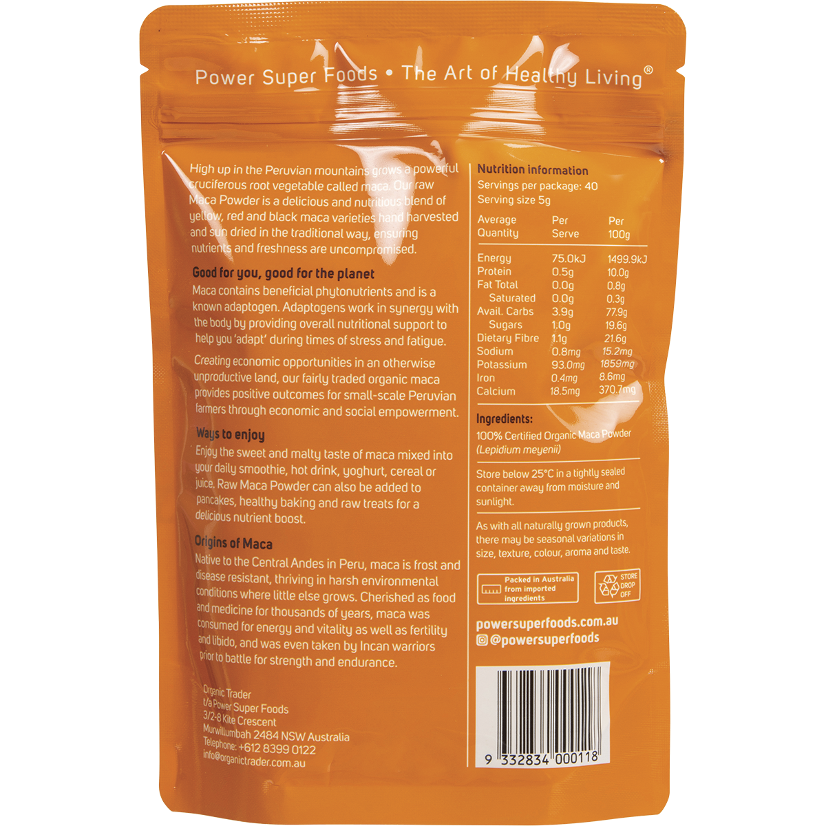 Power Super Foods Organic Maca Powder – 250g, back of pack
