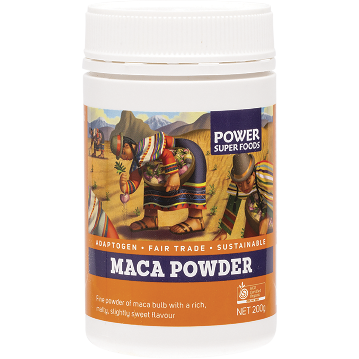 Power Super Foods Organic Maca Powder Tub – 200g, front of pack