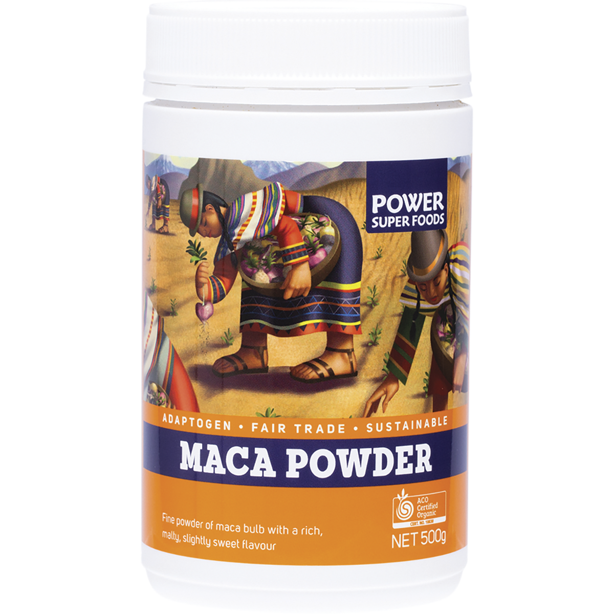 Power Super Foods Organic Maca Powder Tub – 500g, front of pack