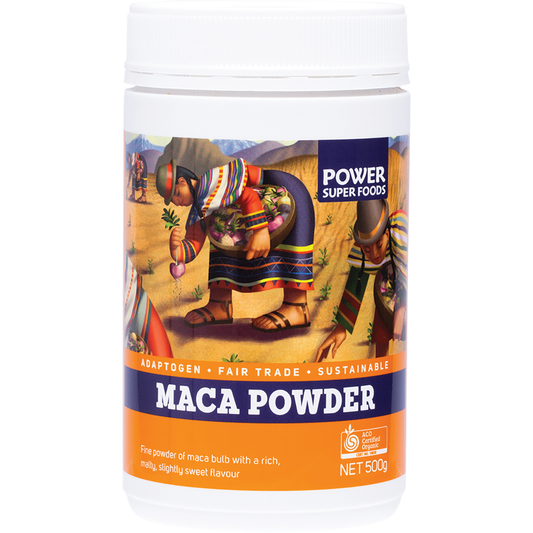 Power Super Foods Organic Maca Powder Tub – 500g, front of pack