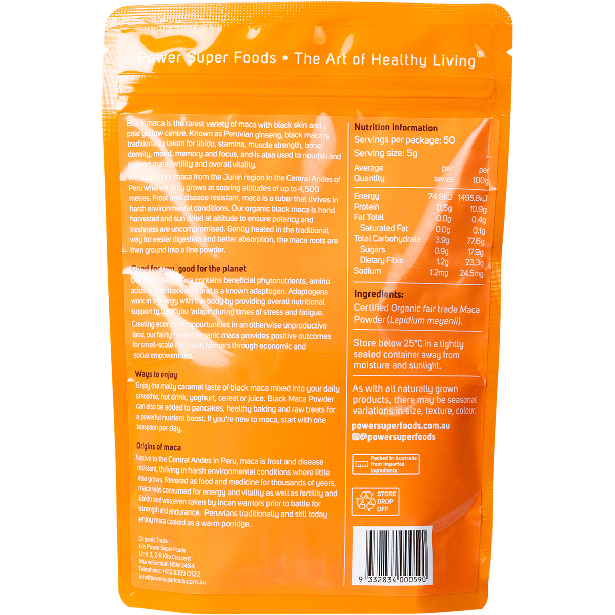Power Super Foods Organic Black Maca Powder – 250g, back of pack