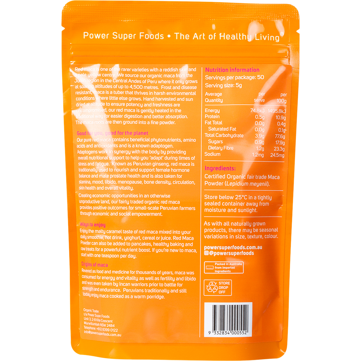 Power Super Foods Organic Red Maca Powder – 250g, back of pack
