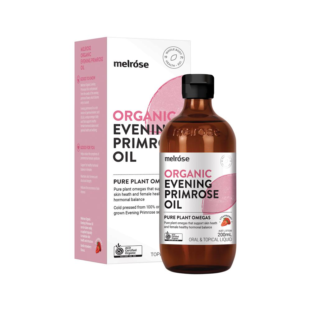 Melrose Organic Evening Primrose Oil Strawberry – 200ml, front of pack