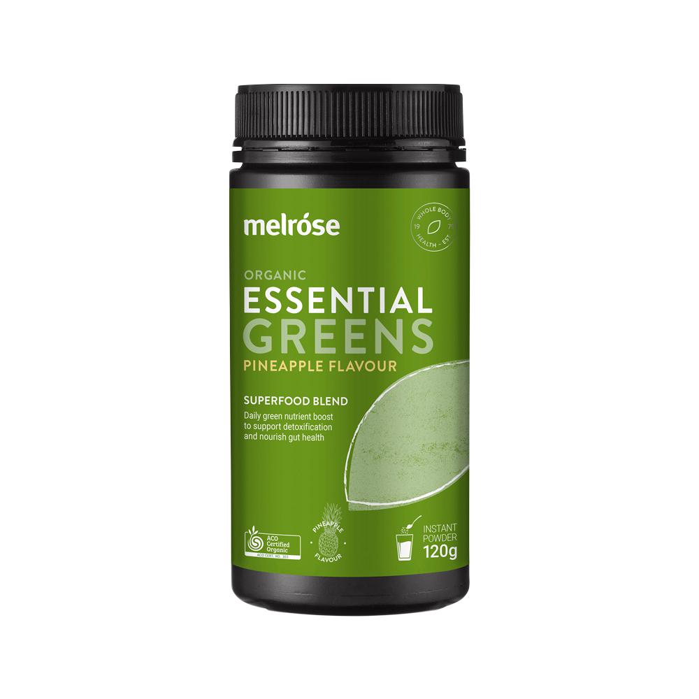 Melrose Organic Essential Greens Pineapple Powder – 120g, front of pack