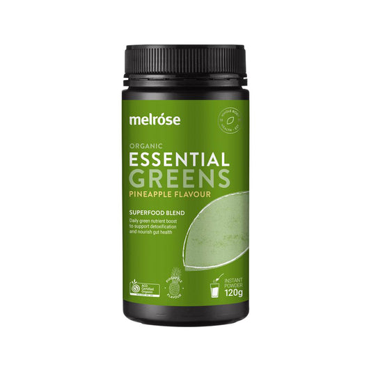 Melrose Organic Essential Greens Pineapple Powder – 120g, front of pack