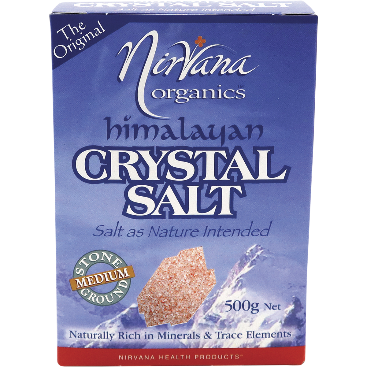 Nirvana Organics Himalayan Salt Medium – 500g, front of pack