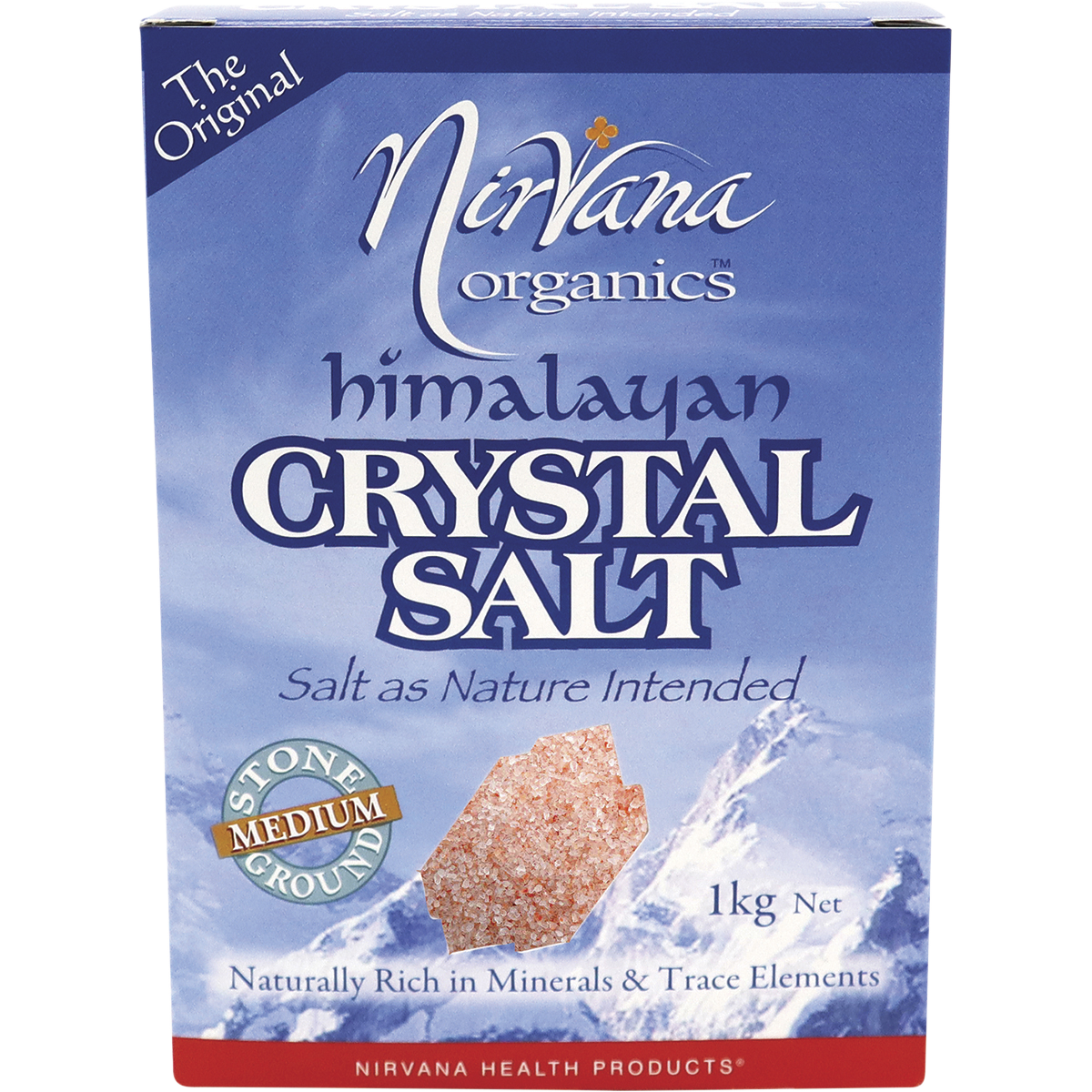 Nirvana Organics Himalayan Salt Medium – 1kg, front of pack