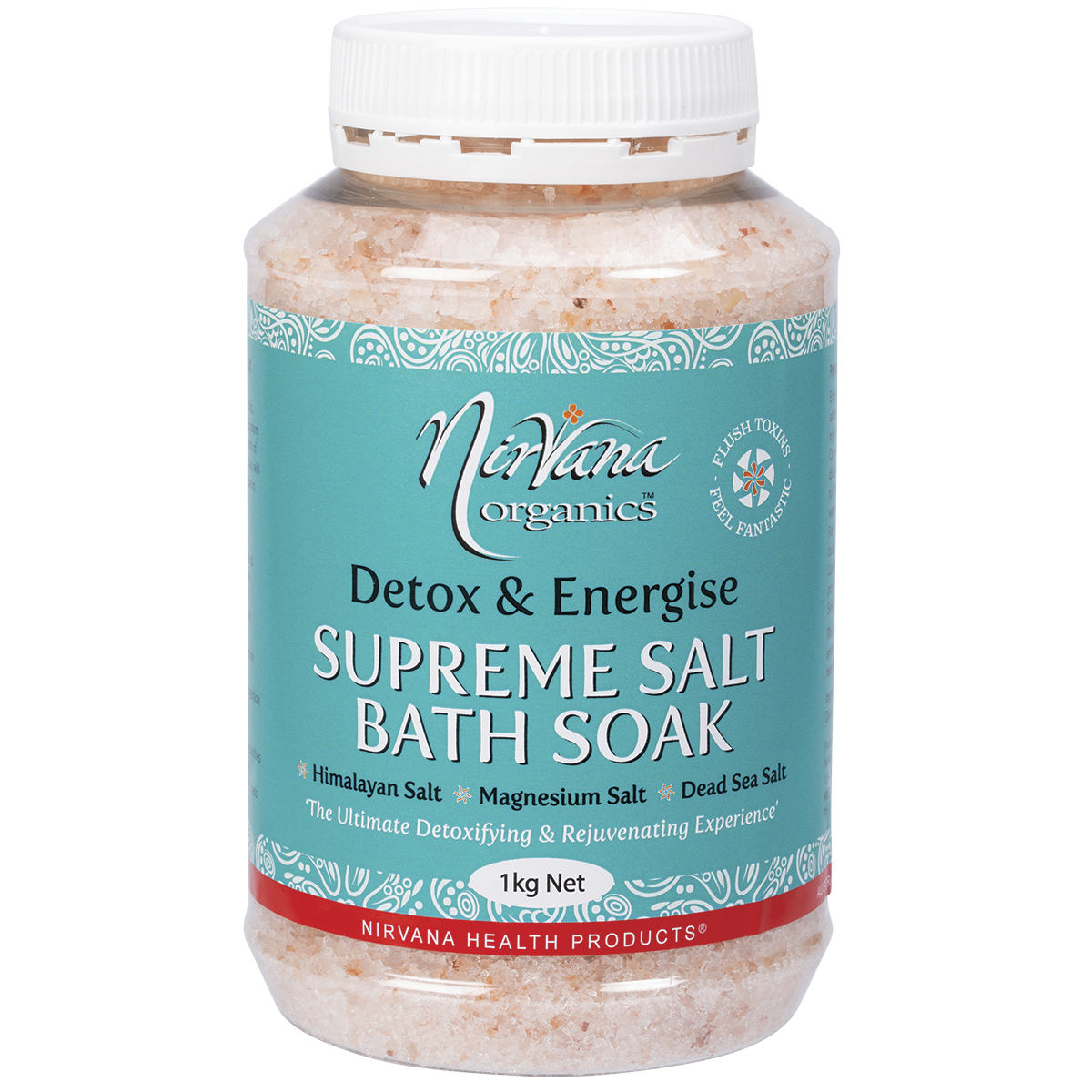 Nirvana Organics Supreme Salt Detox & Energise Bath Soak – 1kg, front of pack
