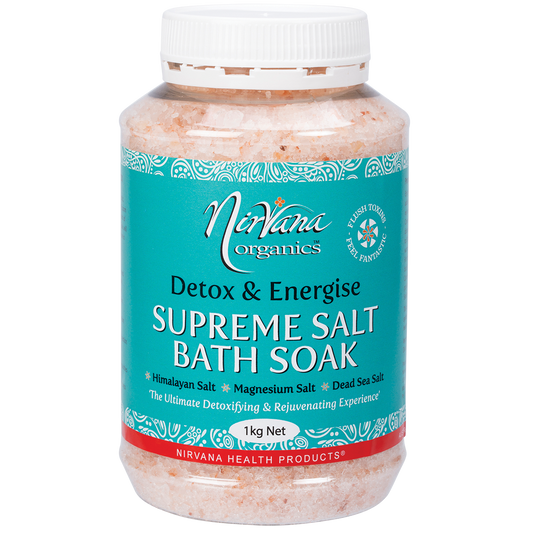 Nirvana Organics Supreme Salt Detox & Energise Bath Soak – 1kg, front of pack