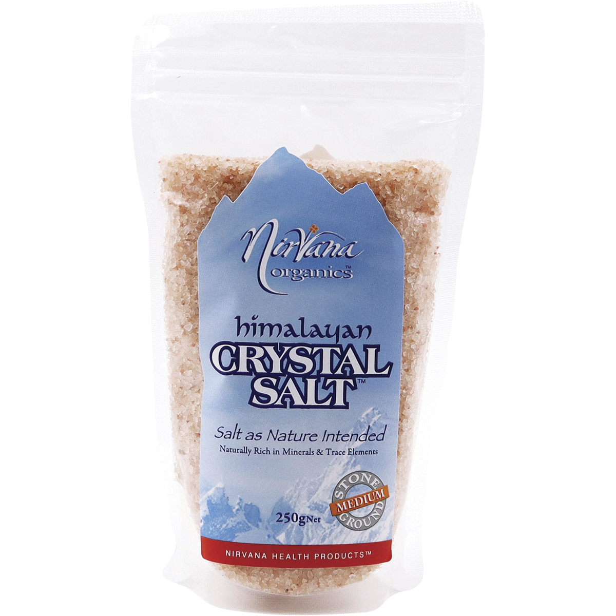 Nirvana Organics Himalayan Salt Medium – 250g, front of pack