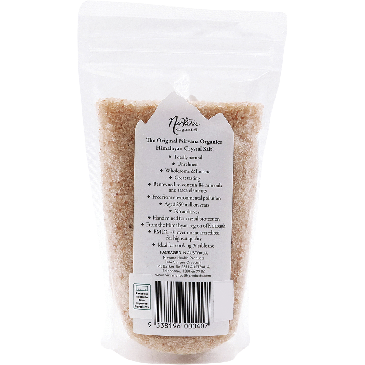 Nirvana Organics Himalayan Salt Medium – 250g, back of pack