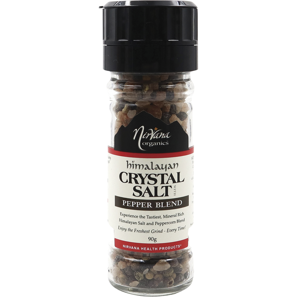 Nirvana Organics Himalayan Salt Pepper Glass Grinder – 90g, front of pack