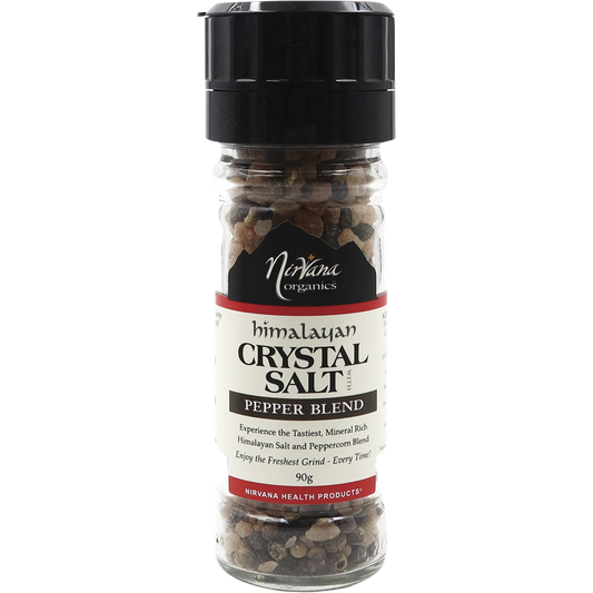 Nirvana Organics Himalayan Salt Pepper Glass Grinder – 90g, front of pack