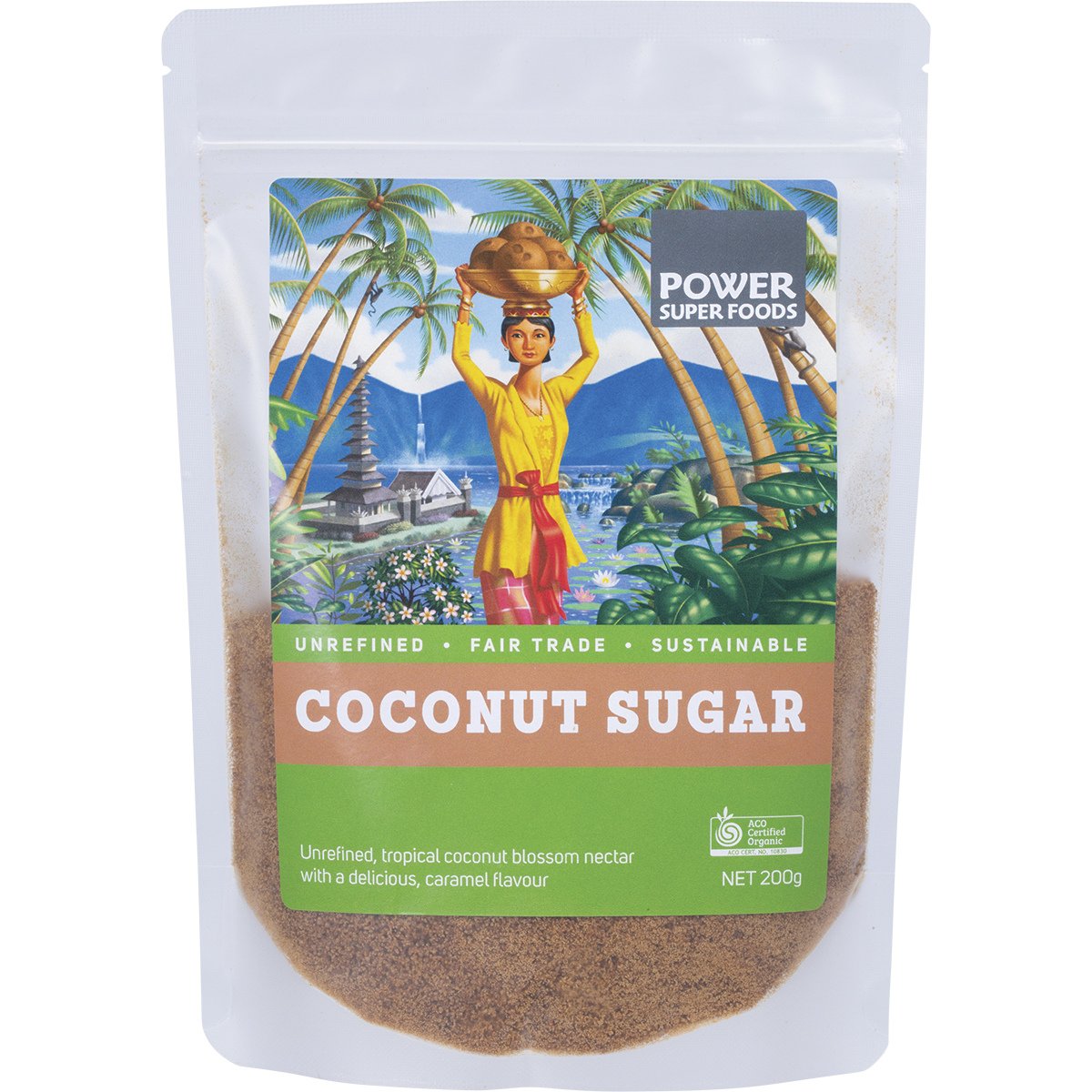 Power Super Foods Organic Coconut Sugar – 200g, front of pack