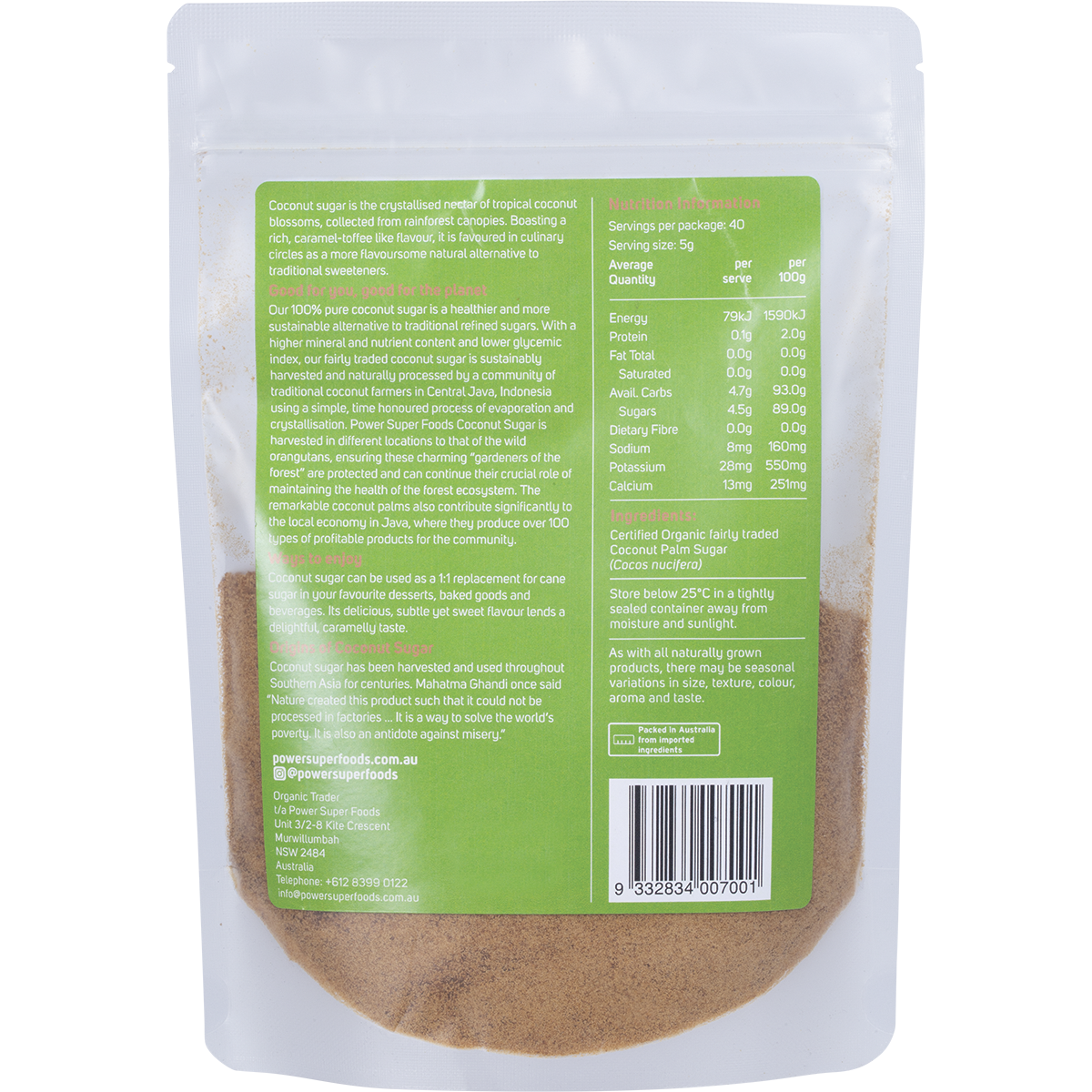 Power Super Foods Organic Coconut Sugar – 200g, back of pack