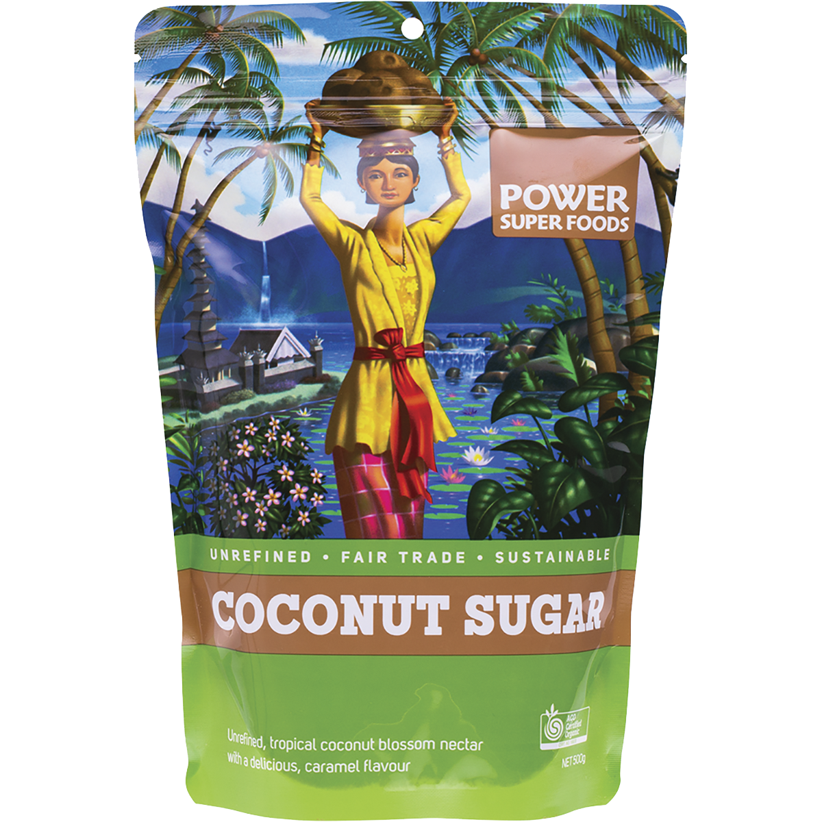 Power Super Foods Organic Coconut Sugar – 500g, front of pack