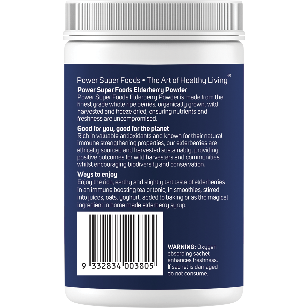 Power Super Foods Organic Elderberry Powder – 120g, back of pack