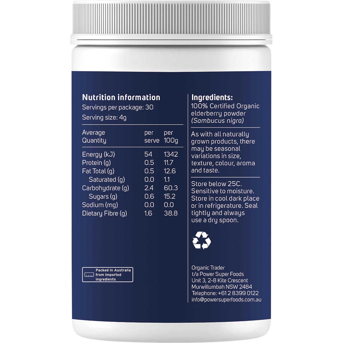 Power Super Foods Organic Elderberry Powder – 120g, nutrition information panel
