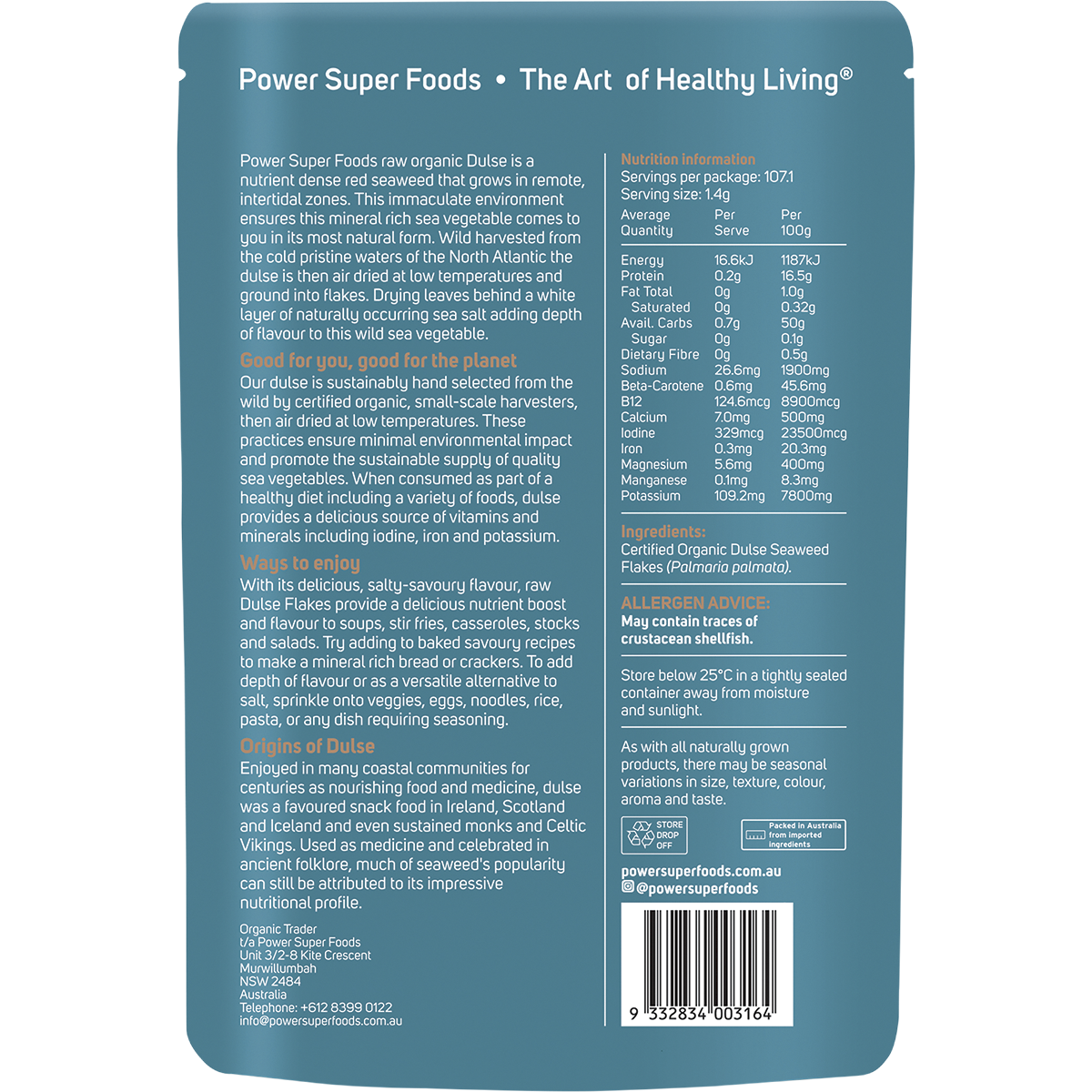 Power Super Foods Organic Dulse Flakes – 150g, back of pack