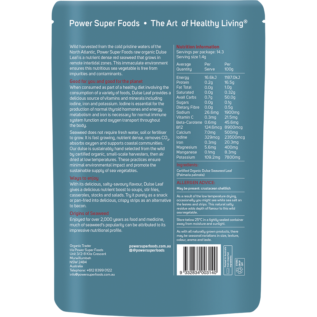 Power Super Foods Organic Dulse Leaf – 20g, back of pack