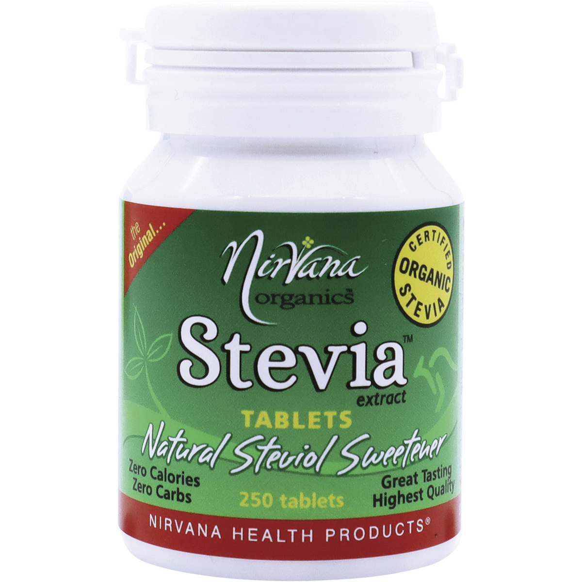 Nirvana Organics Stevia Tablets – 250 Tablets, front of pack